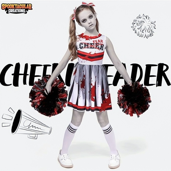 NWT Halloween Zombie Cheerleader Costume Girls Dress Red White Kids Outfit - Picture 3 of 7